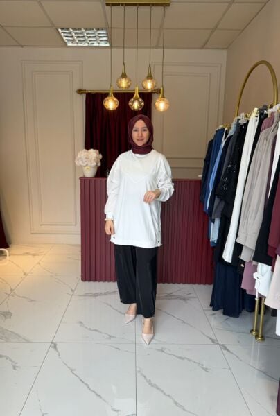 Paraşüt Kumaş Detaylı Tunik (Beyaz)