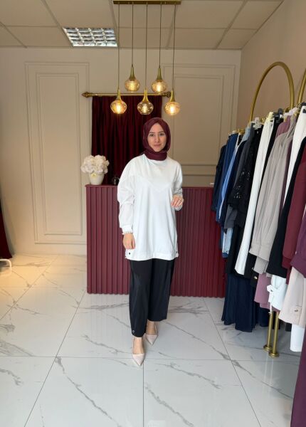 Paraşüt Kumaş Detaylı Tunik (Beyaz)