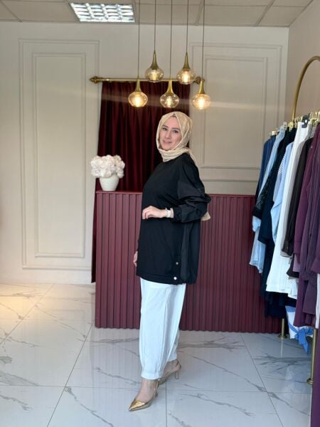 Paraşüt Kumaş Detaylı Tunik (Siyah)
