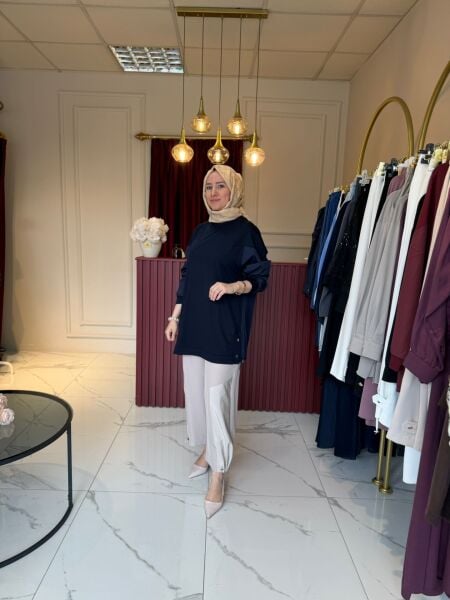 Paraşüt Kumaş Detaylı Tunik (Lacivert)