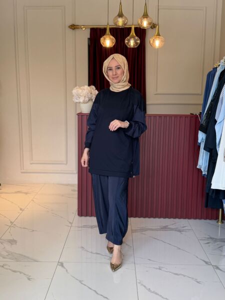 Paraşüt Kumaş Detaylı Tunik (Lacivert)