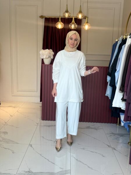 Paraşüt Detaylı Pantolon (Beyaz)