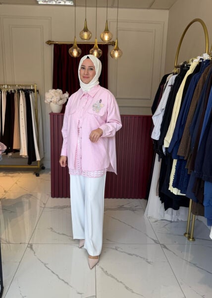 File Detaylı Gömlek pembe