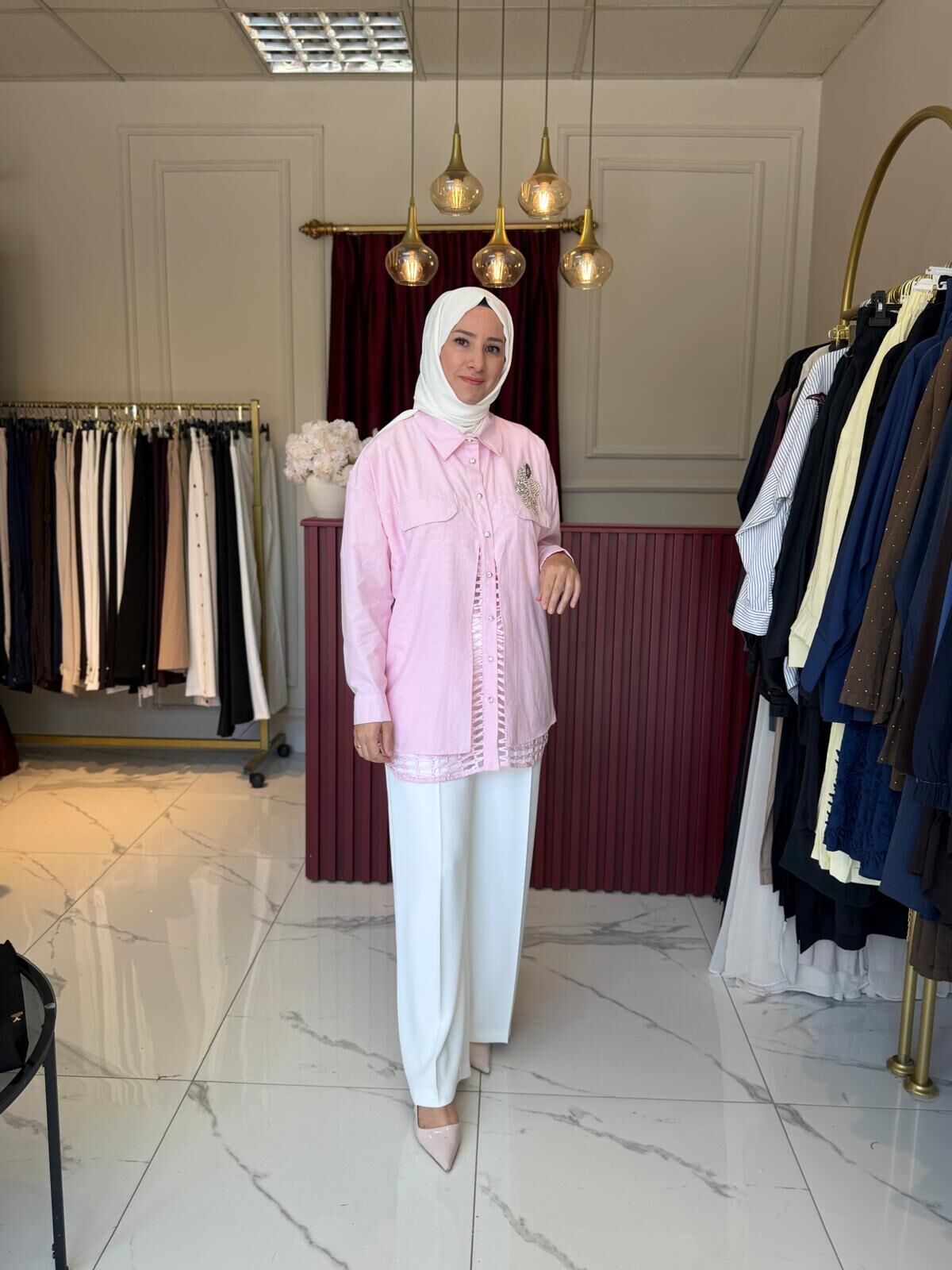 File Detaylı Gömlek pembe