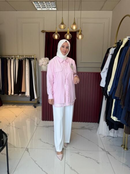 File Detaylı Gömlek pembe