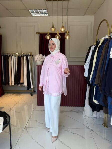 File Detaylı Gömlek pembe