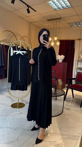 Taş Detaylı Merserize Etekli Takım