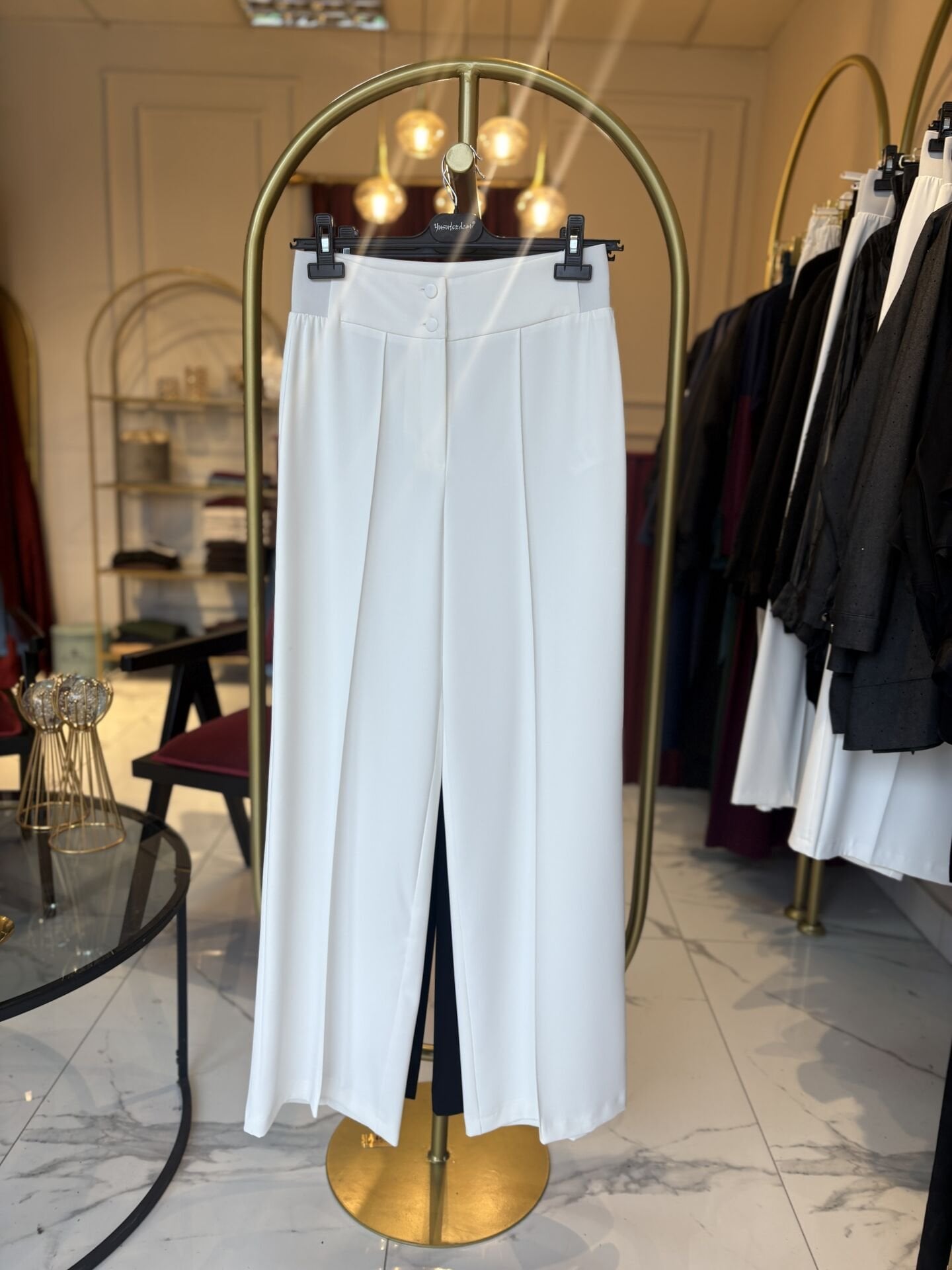 Nervür dikişli palazo kesim pantolon ( Beyaz)