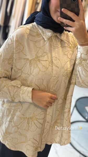 Gold İşlemeli Keten Gömlek