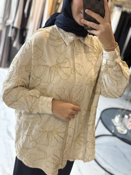 Gold İşlemeli Keten Gömlek