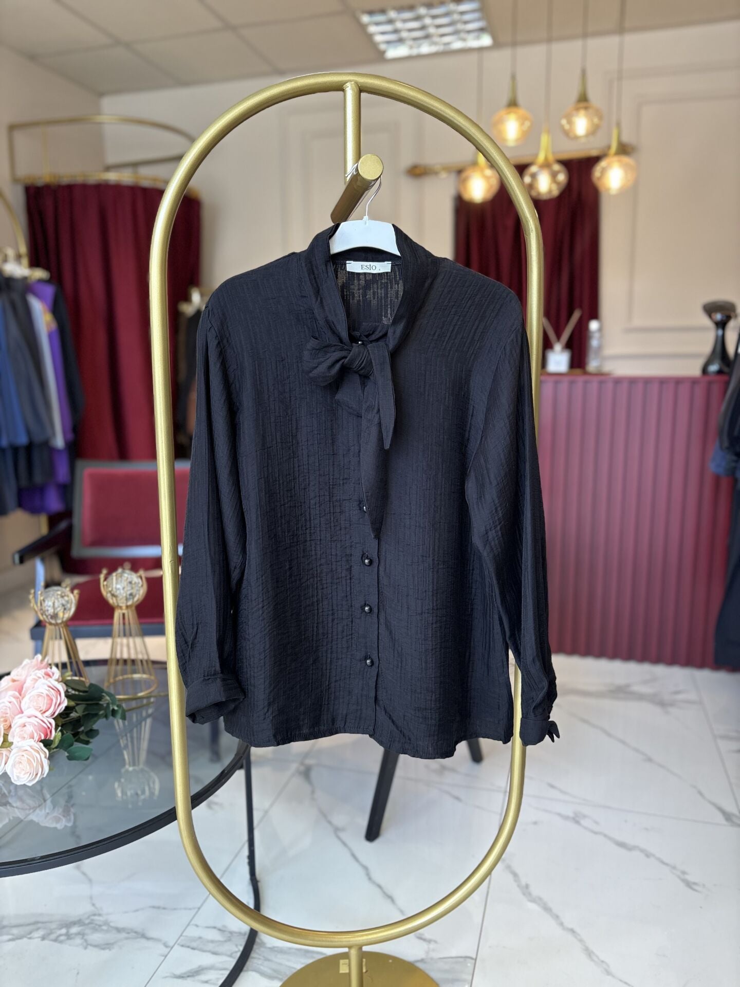 Fular Detaylı Gömlek Siyah