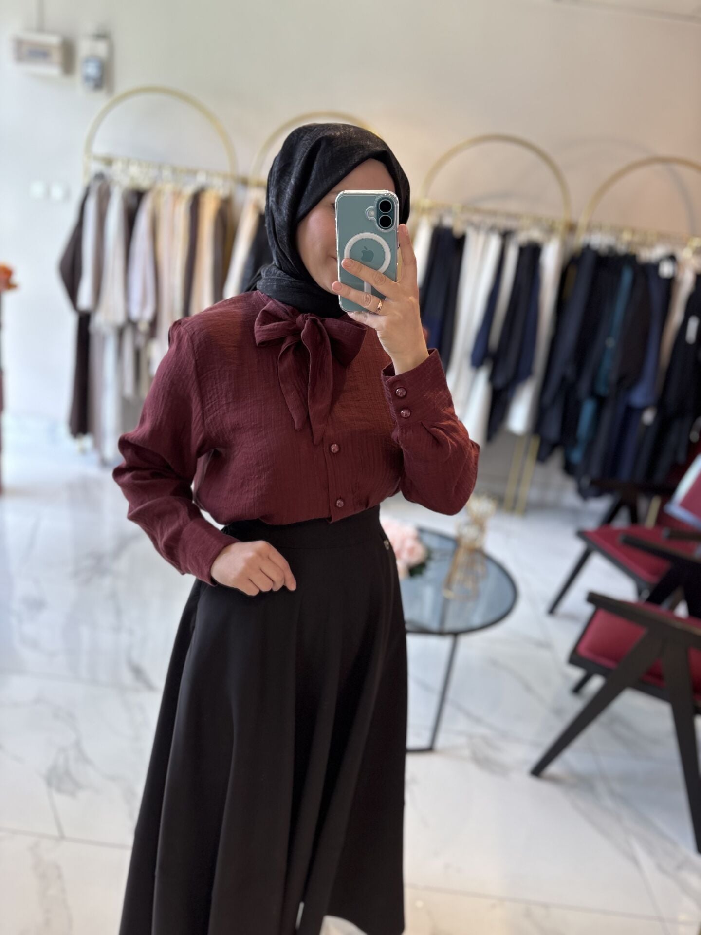 Fular Detaylı Gömlek Bordo