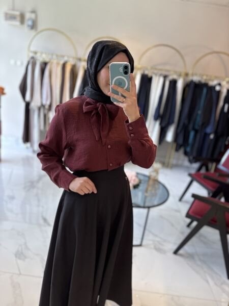 Fular Detaylı Gömlek Bordo