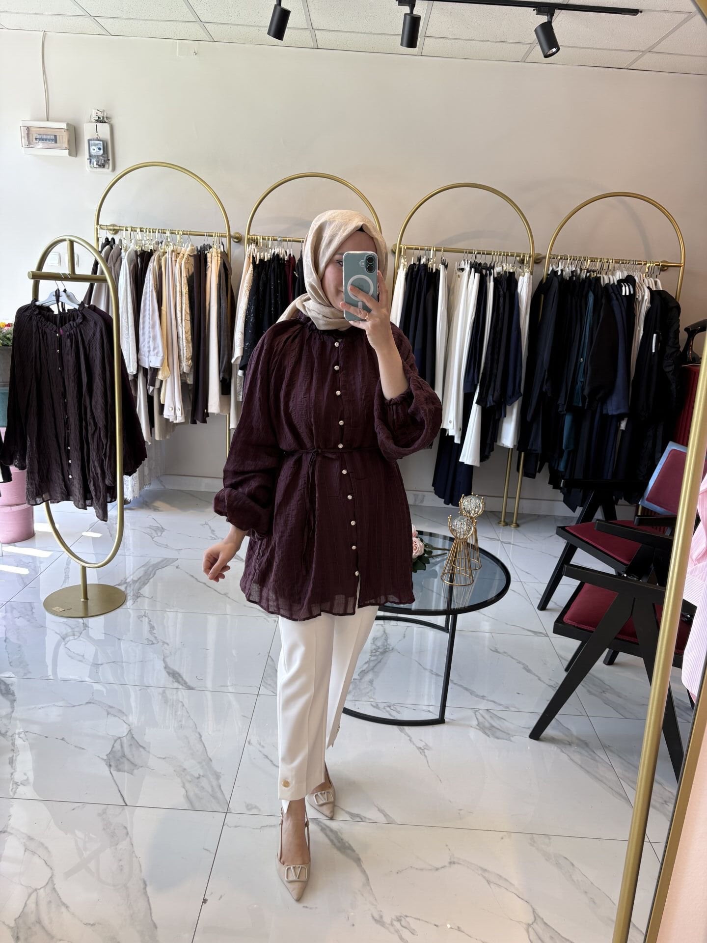 Veloura İnci Detaylı Şifon Tunik Bordo