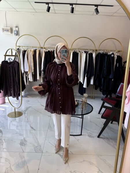 Veloura İnci Detaylı Şifon Tunik Bordo