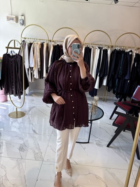 Veloura İnci Detaylı Şifon Tunik Bordo