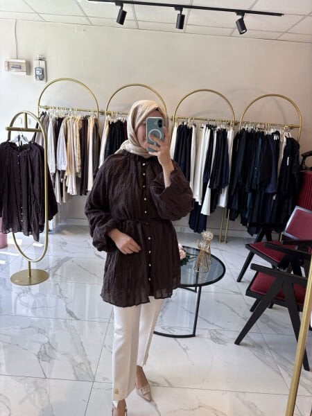 Veloura İnci Detaylı Şifon Tunik Kahverengi