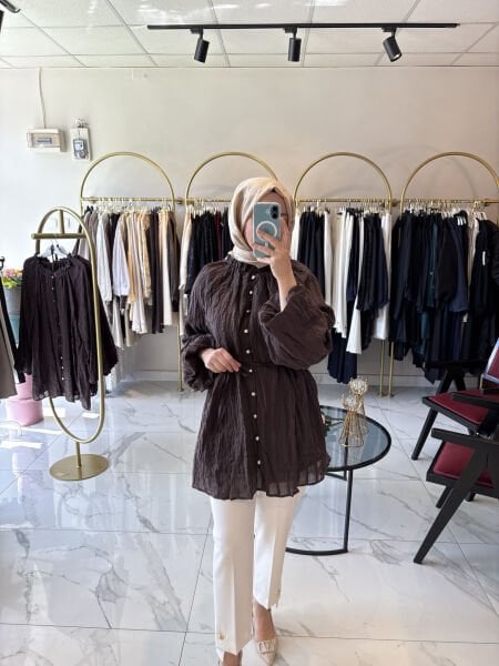 Veloura İnci Detaylı Şifon Tunik Kahverengi