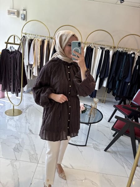 Veloura İnci Detaylı Şifon Tunik Kahverengi